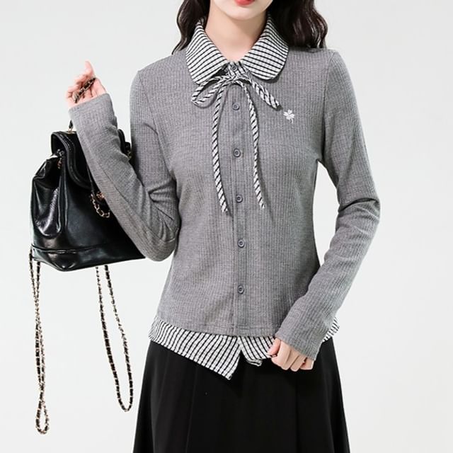 Dragan Pulse-Mock Two-Piece Long-Sleeve Collared Knit Top