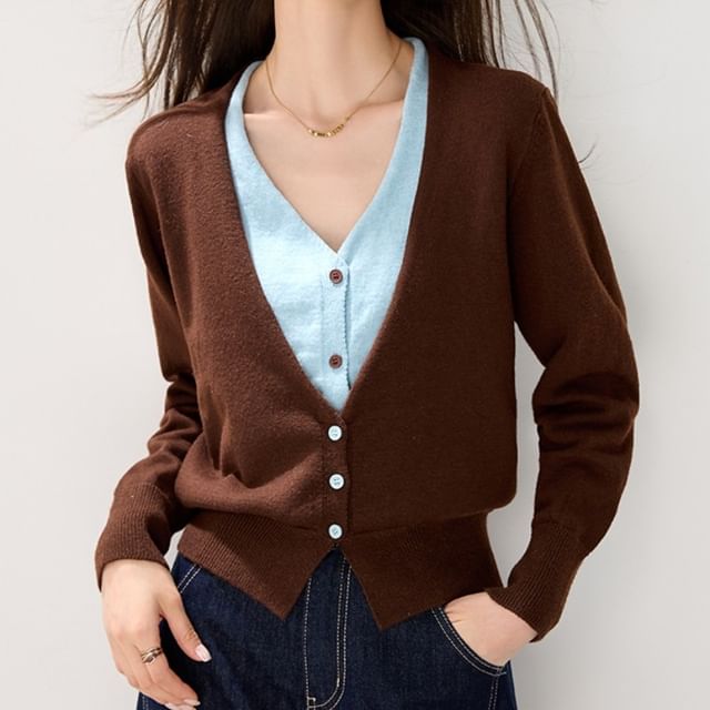 Dragan Pulse-Mock Two-Piece V-Neck Two Tone Button-Up Cardigan