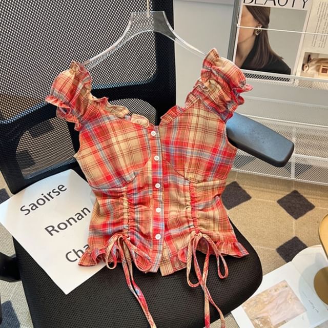 Dragan Pulse-Off-Shoulder Puff-Sleeve Plaid Drawstring Blouse