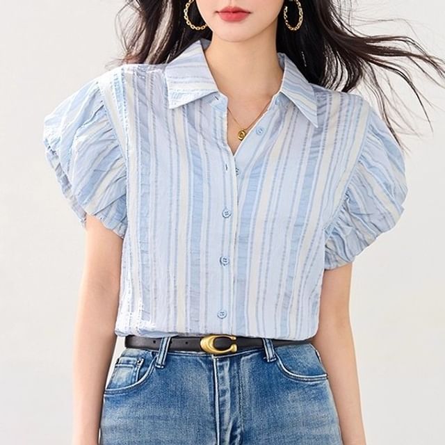 Dragan Pulse-Puff-Sleeve Collared Striped Button-Up Blouse
