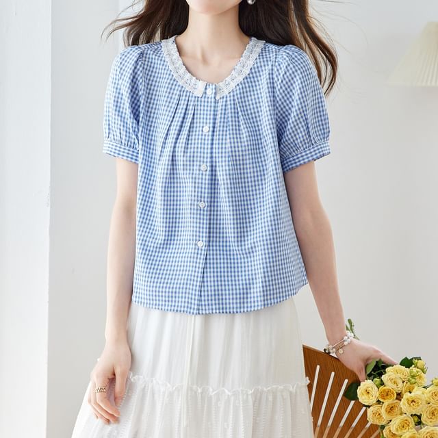 Dragan Pulse-Puff-Sleeve Gingham Lace Trim Button-Up Blouse