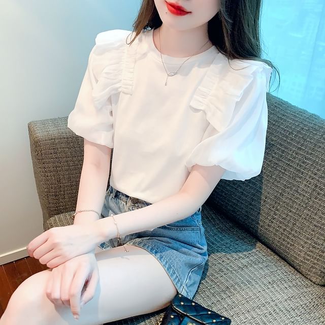 Dragan Pulse-Puff Sleeve Round Neck Plain Ruffle Tee