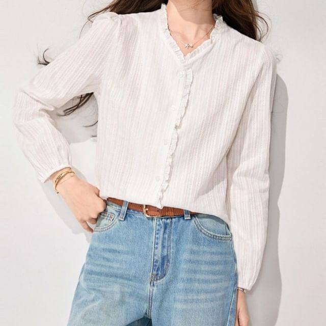 Dragan Pulse-Puff-Sleeve Striped Ruffle Trim Button-Up Blouse