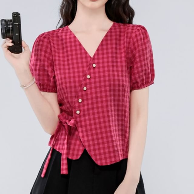 Dragan Pulse-Puff-Sleeve V-Neck Gingham Button-Up Tie-Side Blouse