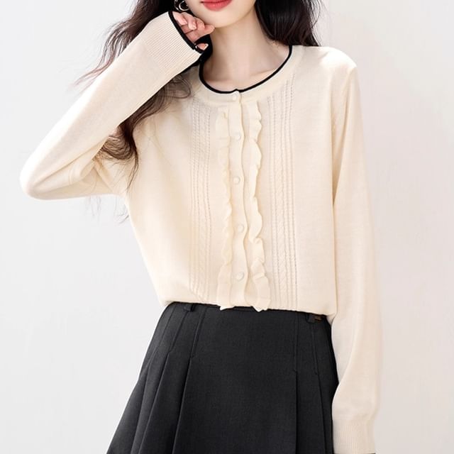 Dragan Pulse-Round Neck Contrast Trim Frill Cardigan