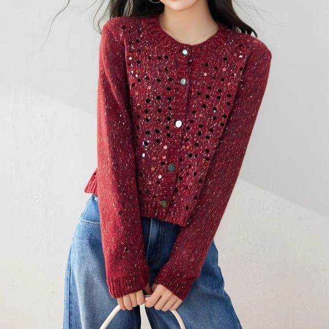Dragan Pulse-Round Neck Sequined Button Up Cardigan