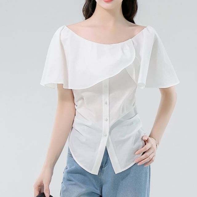 Dragan Pulse-Ruffle Sleeve Off-Shoulder Ruched Button-Up Plain Blouse