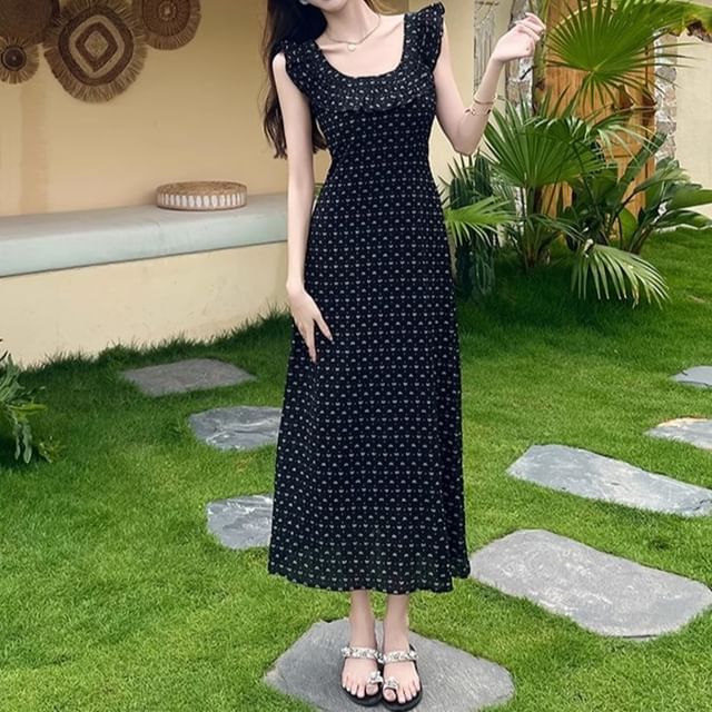 Dragan Pulse-Ruffle Strap Dotted Midi A-Line Dress
