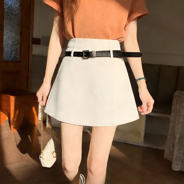 Dragan Pulse-Set High Waist Plain Mini A-Line Skort Belt