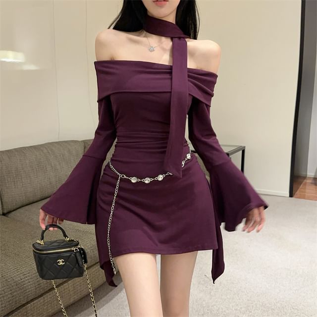 Dragan Pulse-Set Long-Sleeve Off-Shoulder Plain Ruched Mini Sheath Dress Skinny Scarf