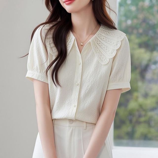 Dragan Pulse-Short-Sleeve Collared Button-Up Blouse
