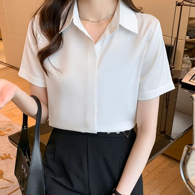 Dragan Pulse-Short-Sleeve Collared Button-Up Plain Blouse