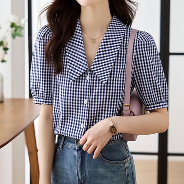 Dragan Pulse-Short-Sleeve Collared Plaid Button Up Blouse