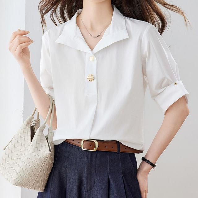 Dragan Pulse-Short Sleeve Collared Plain Blouse