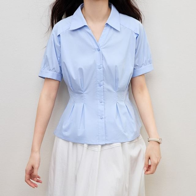 Dragan Pulse-Short Sleeve Collared Plain Button Blouse