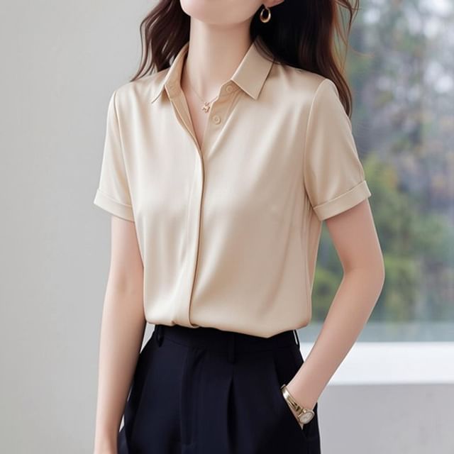 Dragan Pulse-Short-Sleeve Collared Plain Button Up Shirt