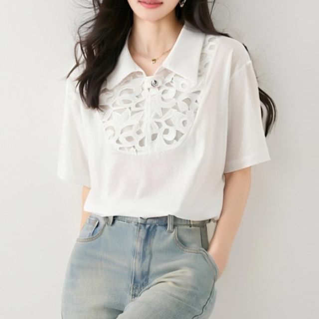Dragan Pulse-Short Sleeve Collared Plain Cutout Panel Blouse