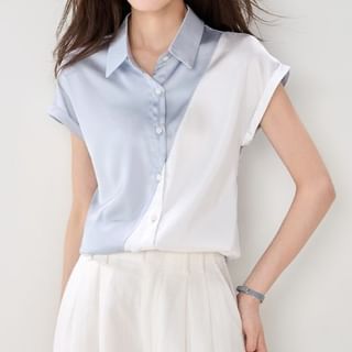 Dragan Pulse-Short-Sleeve Collared Two Tone Button-Up Satin Blouse