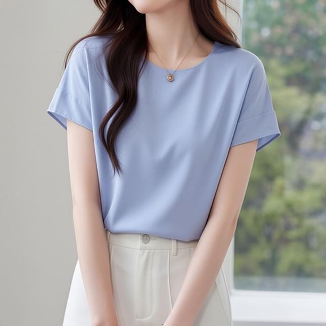 Dragan Pulse-Short-Sleeve Crewneck Chiffon Plain Blouse
