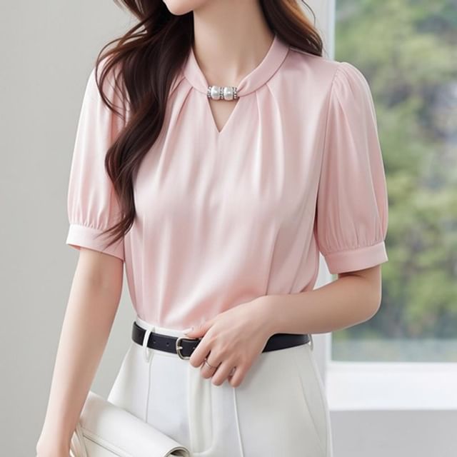 Dragan Pulse-Short-Sleeve Cutout Beaded Plain Blouse