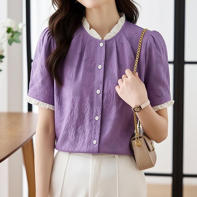 Dragan Pulse-Short-Sleeve Lace Trim Button-Up Textured Blouse