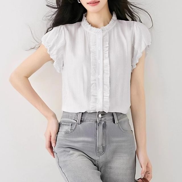 Dragan Pulse-Short-Sleeve Mock Neck Plain Blouse