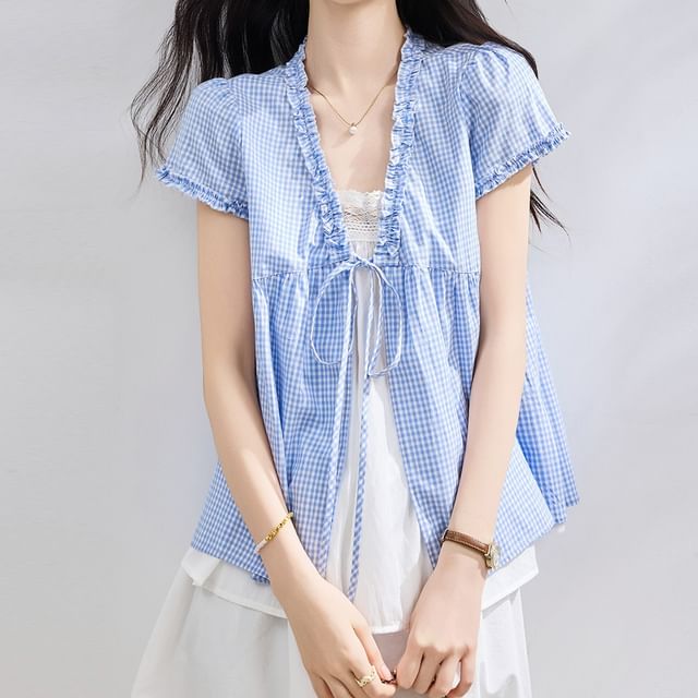 Dragan Pulse-Short-Sleeve Open Front Gingham Plaid Shirt