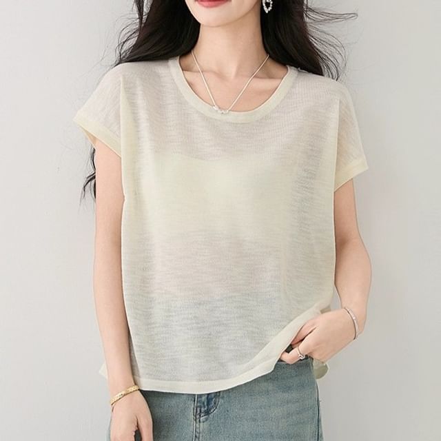 Dragan Pulse-Short-Sleeve Round Neck Lace Panel Sheer Tee
