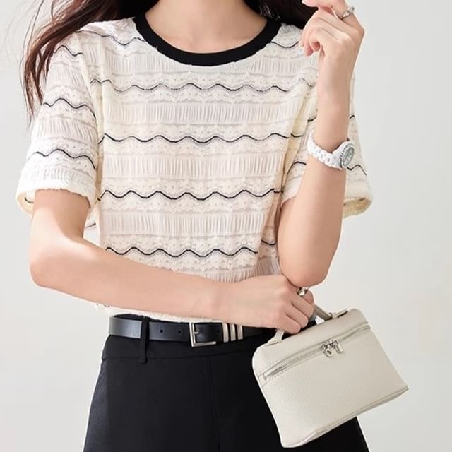 Dragan Pulse-Short-Sleeve Round Neck Two Tone Lace Tee