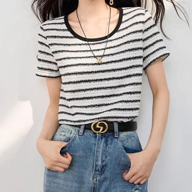 Dragan Pulse-Short-Sleeve Scoop Neck Striped Tee