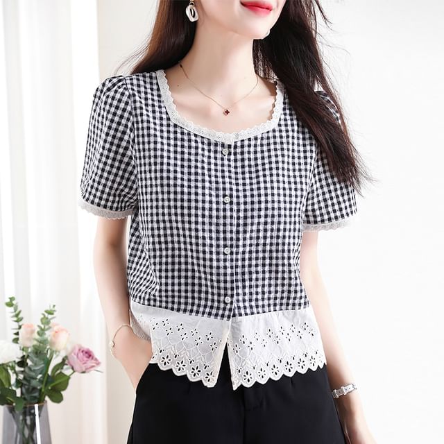 Dragan Pulse-Short-Sleeve Square Neck Gingham Eyelet Lace Panel Button-Up Crop Blouse