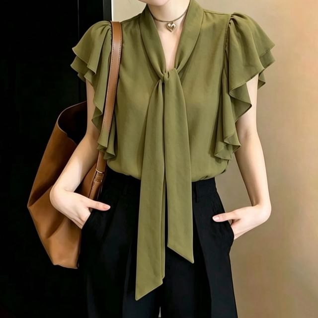 Dragan Pulse-Short-Sleeve Tie Neck Plain Blouse