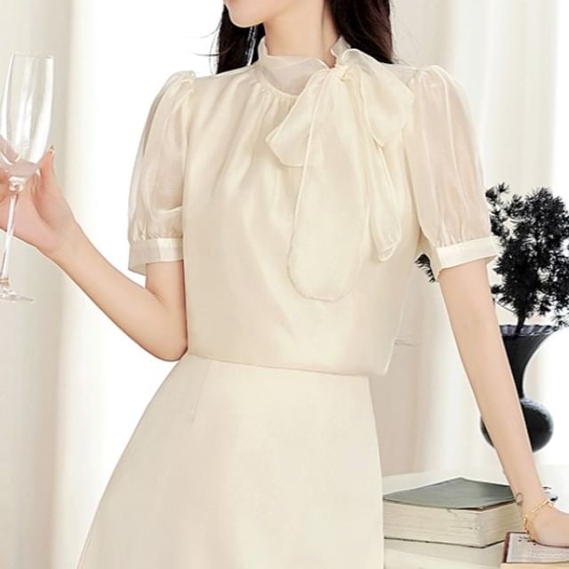 Dragan Pulse-Short Sleeve Tie Neck Plain Mesh Blouse
