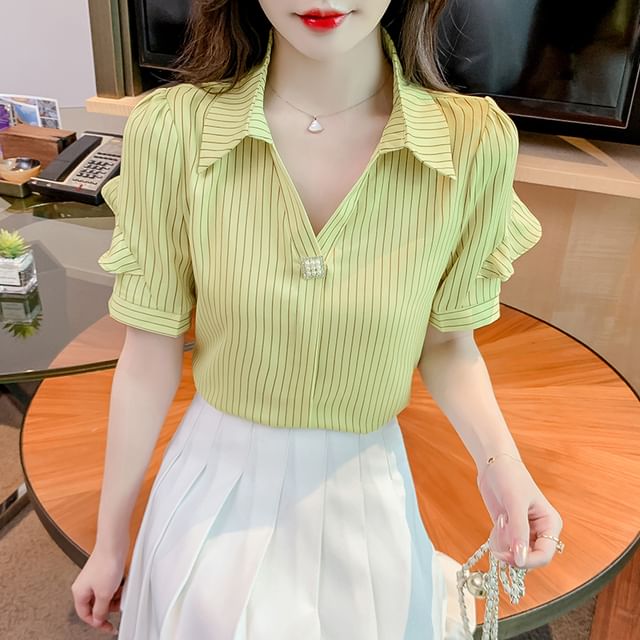 Dragan Pulse-Short-Sleeve V-Neck Collared Striped Ruffle Trim Blouse