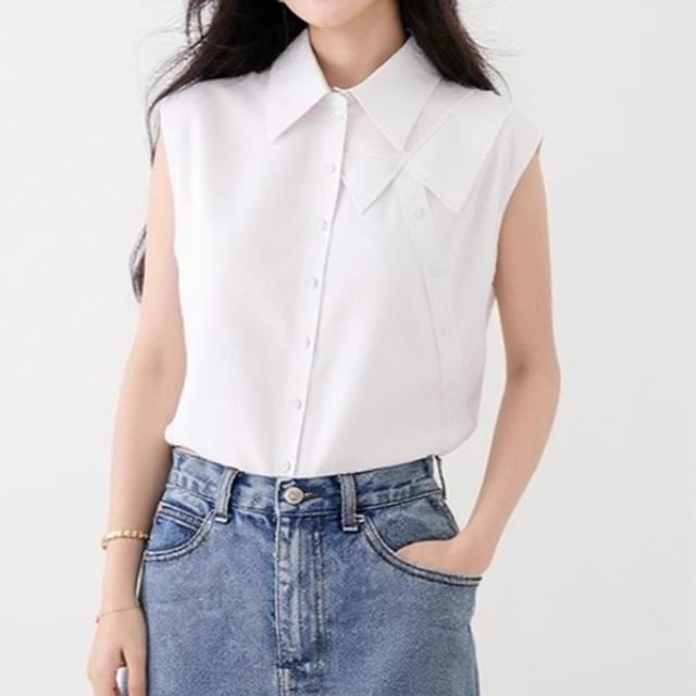 Dragan Pulse-Sleeveless Asymmetrical Plain Button-Up Shirt