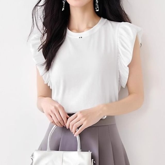 Dragan Pulse-Sleeveless Crew Neck Plain Ruffle Top
