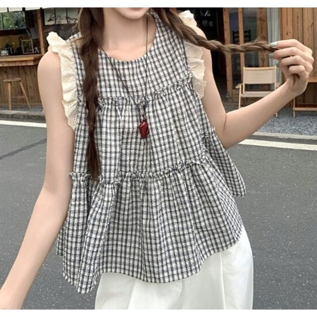 Dragan Pulse-Sleeveless Round Neck Plaid Ruffle Panel Top