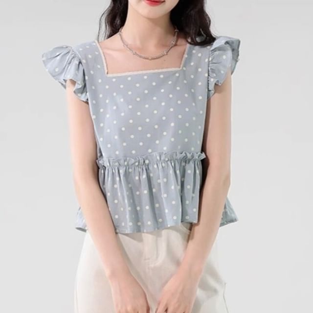Dragan Pulse-Sleeveless Square Neck Dotted Ruffle Blouse