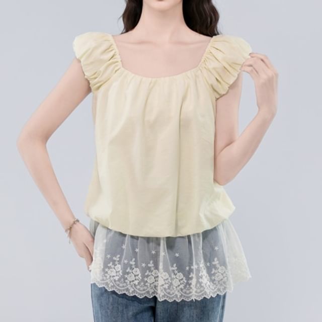 Dragan Pulse-Sleeveless Square Neck Plain Panel Lace Top