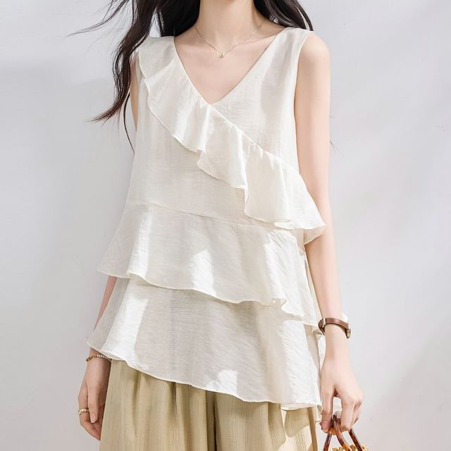 Dragan Pulse-Sleeveless V-Neck Ruffle Asymmetrical Plain Top