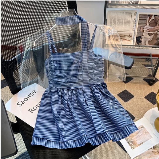 Dragan Pulse-Spaghetti Strap Plaid Flowy Top