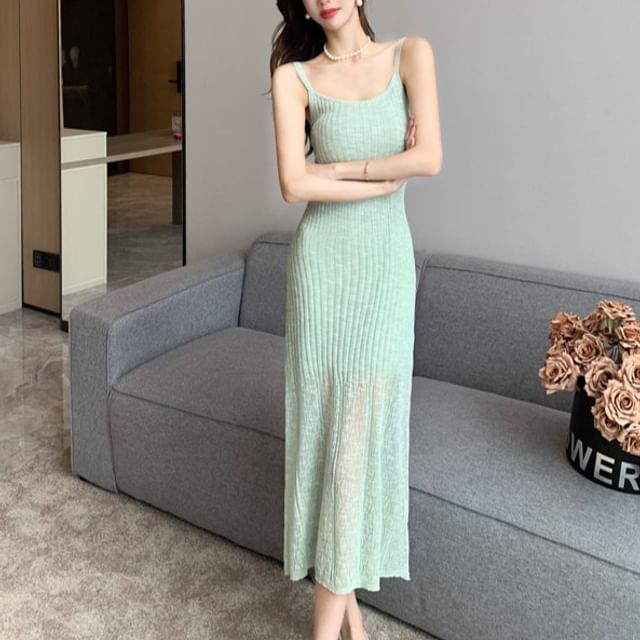 Dragan Pulse-Spaghetti Strap Plain Pointelle Ribbed Knit Midi Sheath Dress