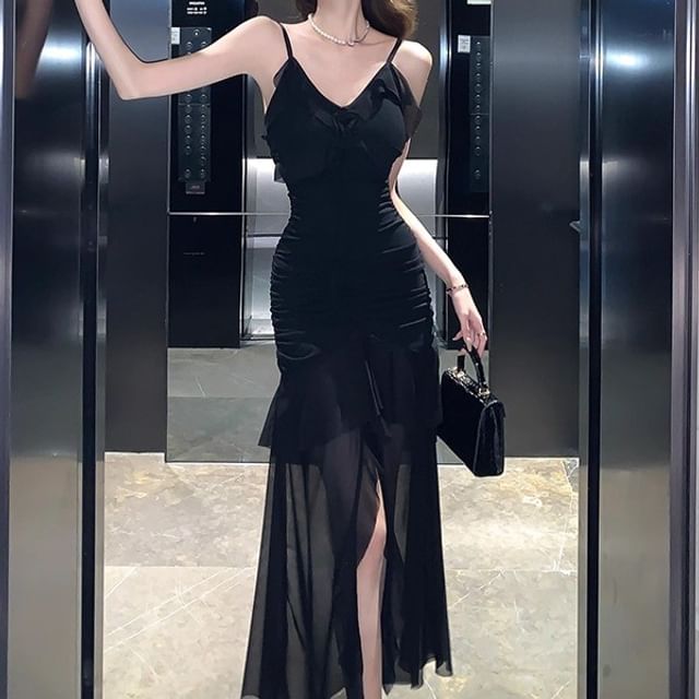 Dragan Pulse-Spaghetti Strap V-Neck Plain Ruffle Slit Sheer Maxi Mermaid Dress