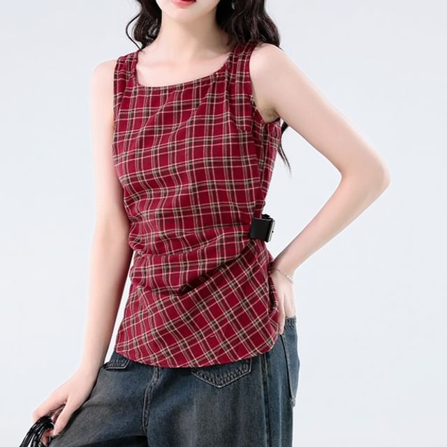 Dragan Pulse-Square Neck Plaid Ruched Buckled Tank Top