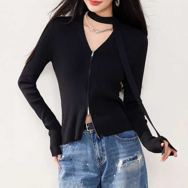 Dragan Pulse-V-Neck Zip-Up Plain Crop Cardigan