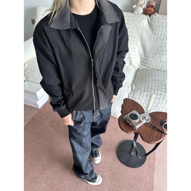 DragonRoad-Collared Houndstooth Zip-Up Jacket