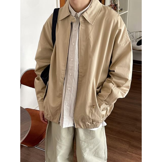 DragonRoad-Collared Plain Zip-Up Jacket