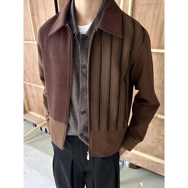 DragonRoad-Collared Striped Panel Zip-Up Jacket