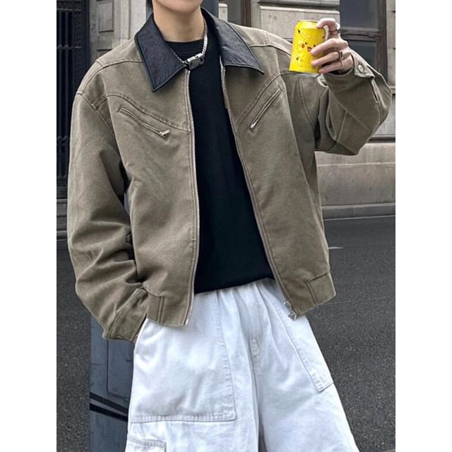 DragonRoad-Contrast Collar Washed Zip-Up Barn Jacket