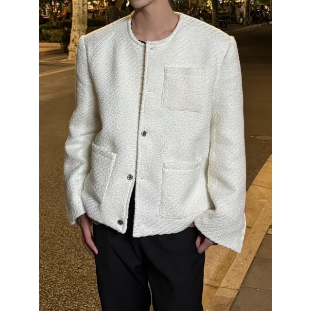 DragonRoad-Crewneck Button-Up Tweed Jacket